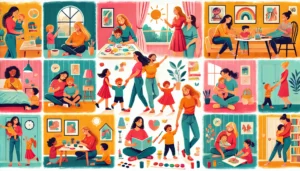 Uma ilustração fofa e vibrante de mães com estilos diferentes (protetora, disciplinadora, parceira, criativa e equilibrada), cada uma interagindo com seus filhos em momentos felizes, como brincadeiras e abraços.